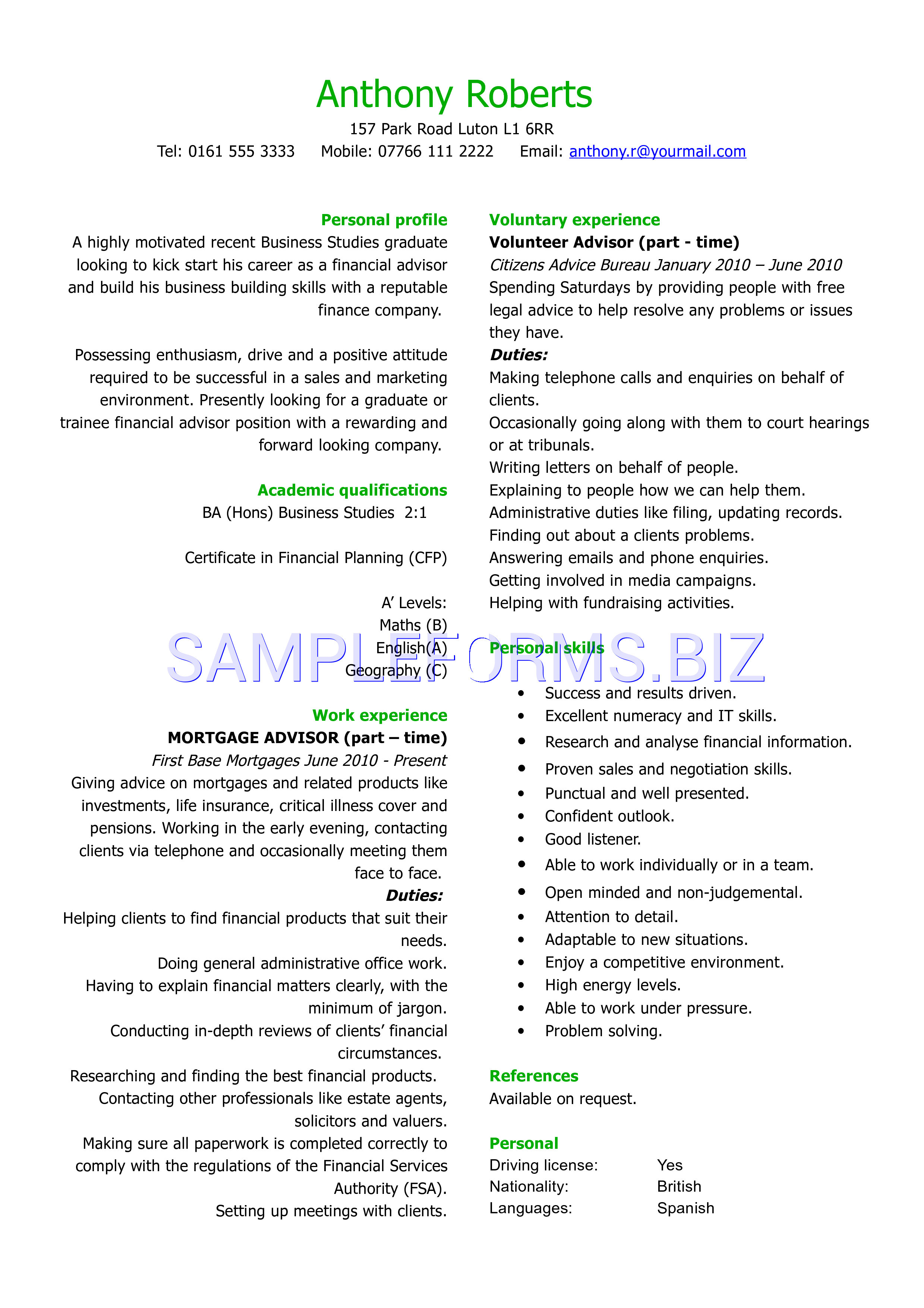 Preview free downloadable Simple CV Template 1 in PDF (page 1)